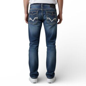 NEW True Luck Slim Fit Jeans Men's Size 34x30 Embroidered Thick Stitch BKE NWT